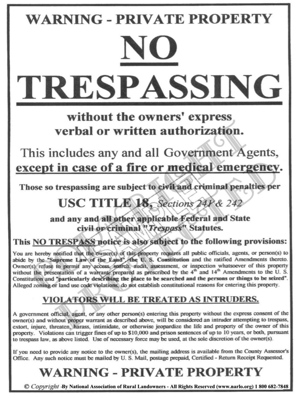 NARLO No Trespassing Sign